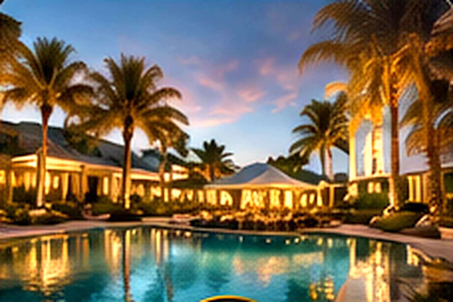 Luxury tropical resort with an infinity pool at golden hour