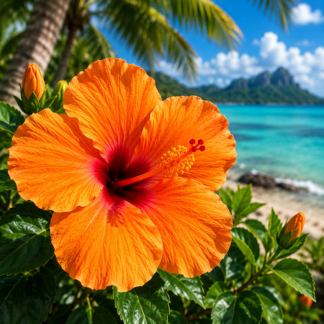 Vibrant orange hibiscus flower with a turquoise lagoon in the background